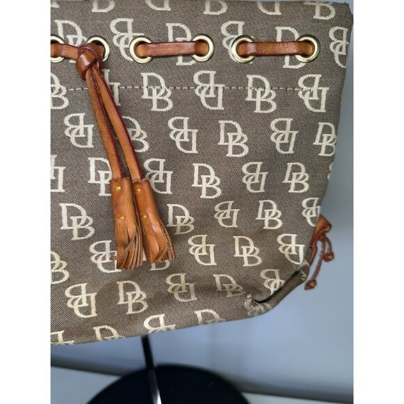 Dooney Bourke Designer Handbag Beige And Brown Canvas Bag With Tassels - Picture 4 of 12